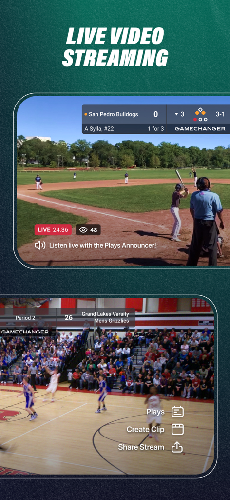 Screenshot of GameChanger app showing live video streaming of youth baseball and basketball games with real-time scoreboards
