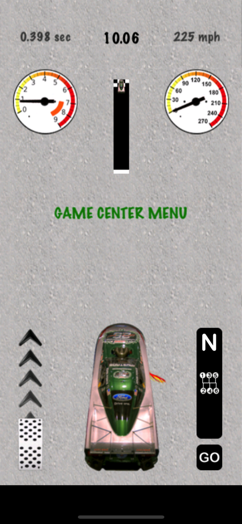 Top Fuel Drag Racing Simulator - Vista de juego cenital de un coche de drag racing con tacómetro y velocímetro