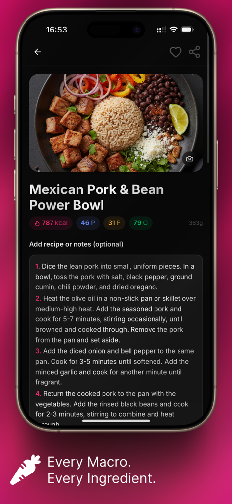 Eatme: Snap Food, Track Macros - A screenshot of the Eatme app showing a Mexican Pork and Bean Power Bowl with detailed nutritional macros and recipe steps.
