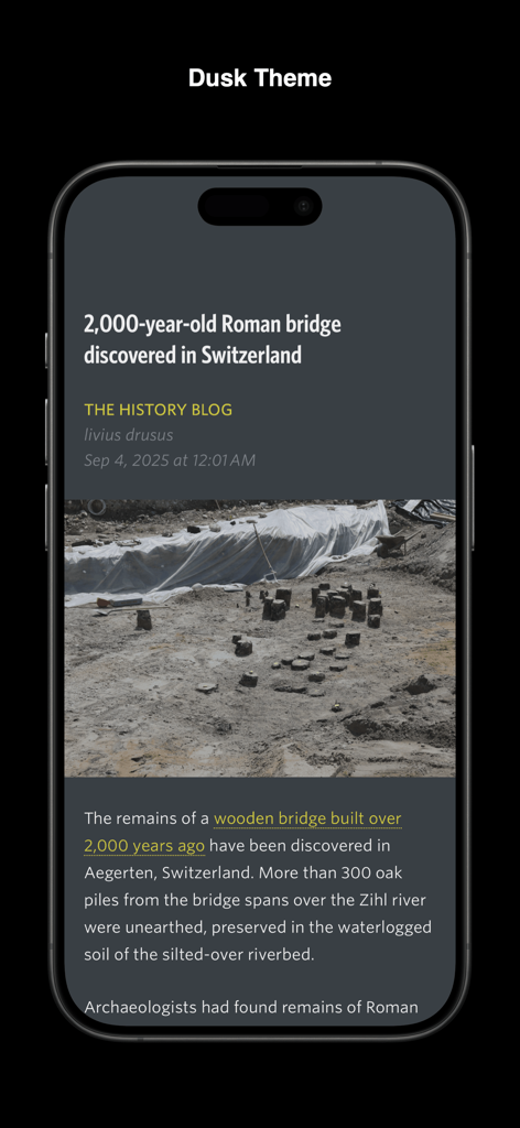 Unread: An RSS Reader - Unread RSS reader app showing an article in dusk theme on an iPhone