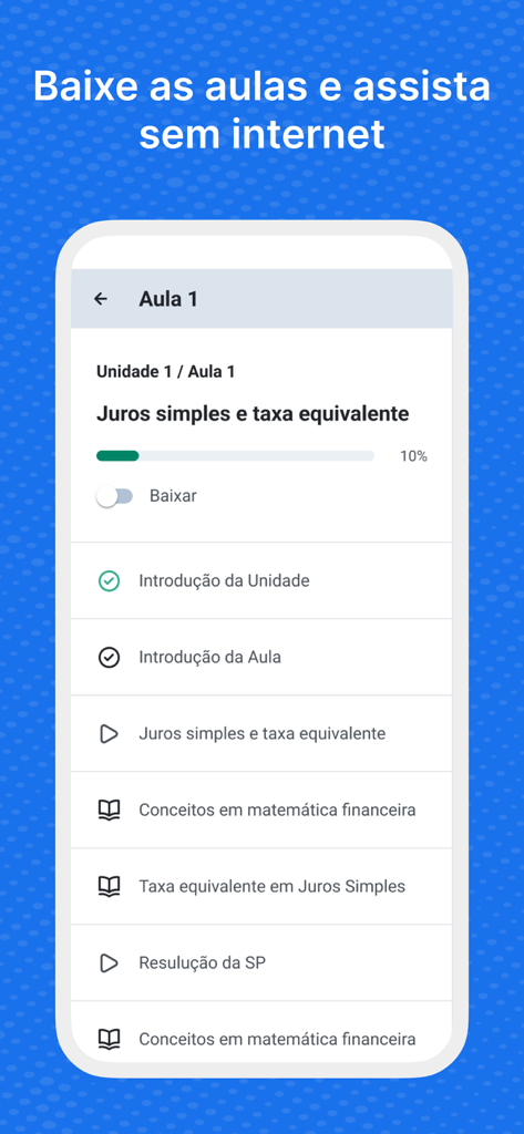 Tela do app .edu mostrando como baixar lições para estudo offline