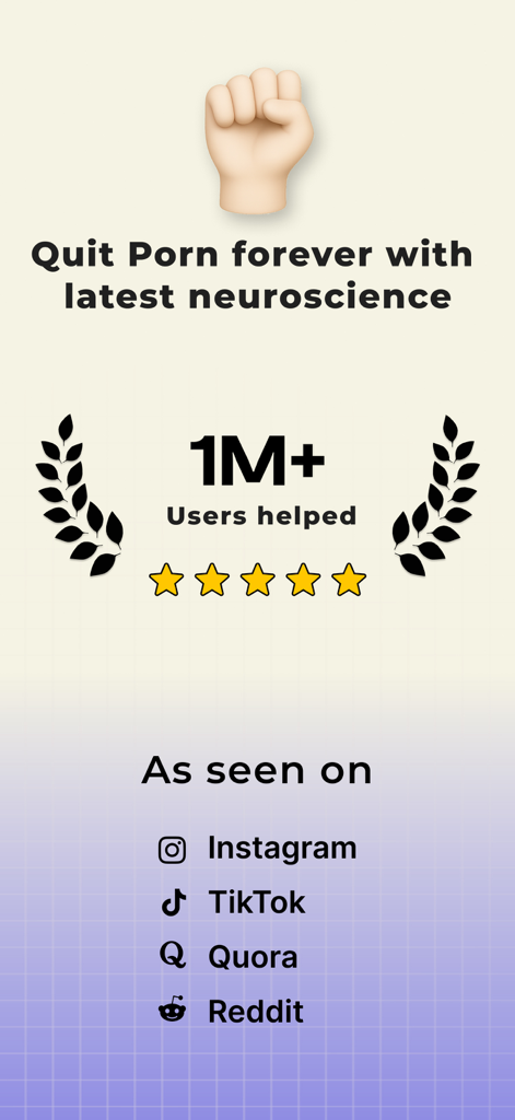 Quitbro app promotional screen showing neuroscience based recovery and social proof from over one million users