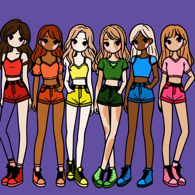 a group of girls wearing crop tops and shorts