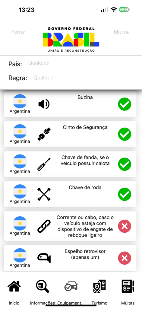 Mercosul App - Interfaz de Mercosul App que muestra una lista de verificación del equipamiento obligatorio del vehículo y las normas de tráfico para Argentina