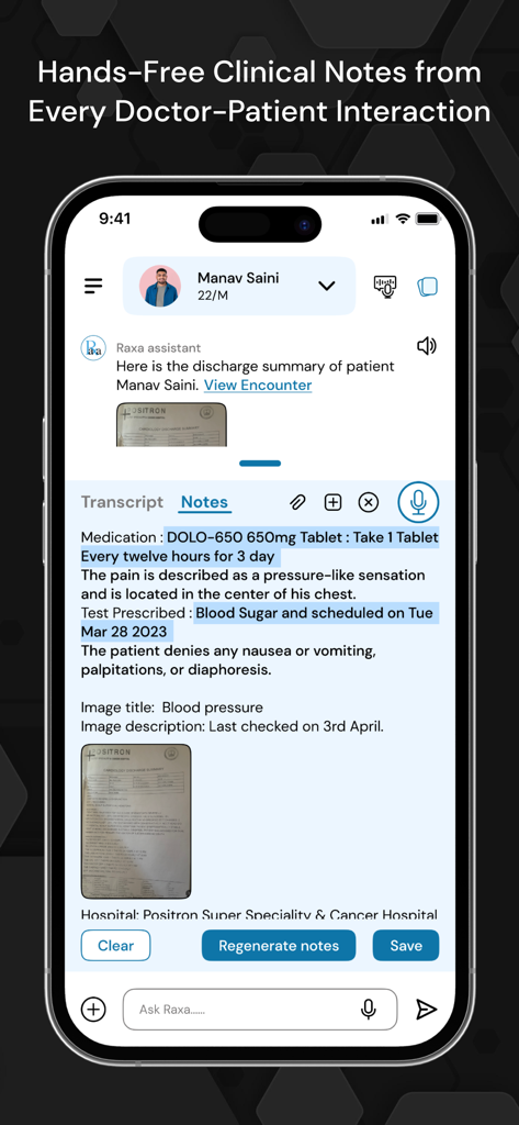 Smartphone-Bildschirm, der die freihändige klinische Notizen- und medizinische Krankengeschichte-Transkription von Raxa anzeigt