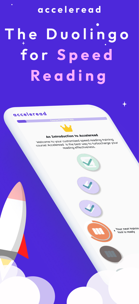 Speed Reading | Acceleread - Mobile app interface of Acceleread showing a gamified speed reading learning path similar to Duolingo