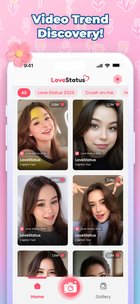Love Tester: Prediction Filter - Love Tester mobile app home screen with video trend discovery and romantic filters