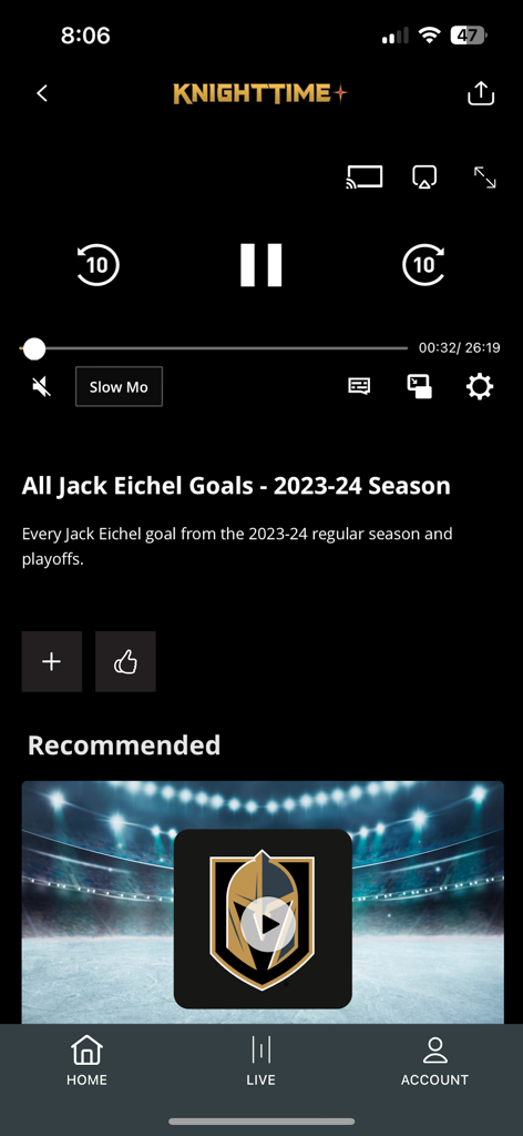 나이트타임 플러스 앱의 비디오 플레이어 인터페이스에 라스베가스 골든 나이츠의 잭 아이첼 골 하이라이트가 표시됩니다.