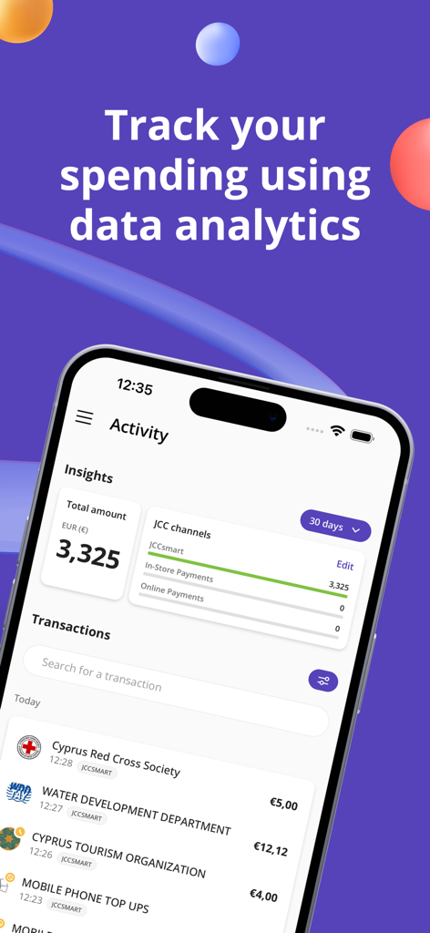 JCCsmart - JCCsmart app activity screen showing spending insights and transaction history for Cypriot services.