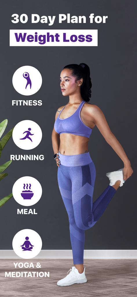 Une femme en tenue de sport violette s'étirant avec des icônes de course, de planification de repas et de méditation de yoga.