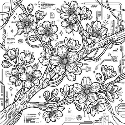 Unleash your creativity with this striking coloring page featuring cherry blossoms reimagined through a cyberpunk lens. Delicate petals meet intricate circuitry in a design that's both organic and high-tech, perfect for adult colorists.