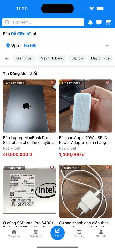 Panama - Mua bán đồ cũ - Mobile interface of Panama app displaying second hand electronics listings like a MacBook Pro and power adapter with location based filtering