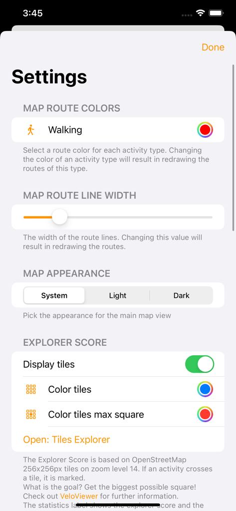Schermata delle impostazioni dell'app Workout Map che mostra le opzioni di personalizzazione per colori del percorso, larghezza della linea e riquadri del punteggio esploratore