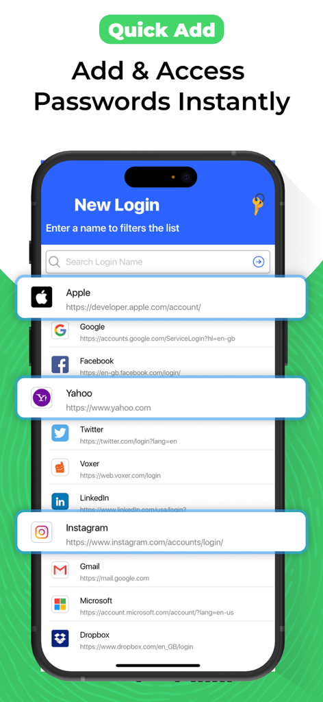 Password Manager & Generator - Mobile app screen showing a list of popular services like Apple and Google to quickly add and access account passwords.