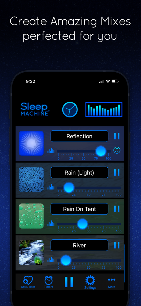 Sleep Machine - Interface do aplicativo Máquina de Dormir mostrando um mixer de som multifaixa com sons de chuva e natureza.