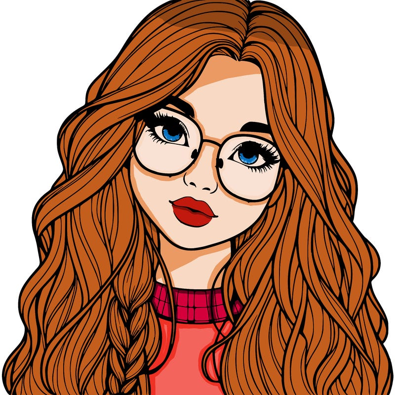 girl with long hair and freckles and glasses realistic