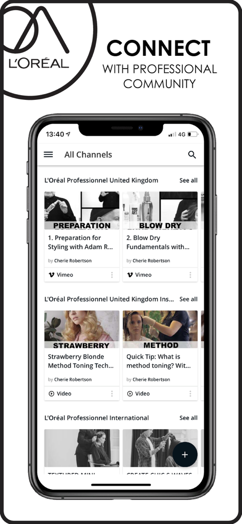 Interface do aplicativo móvel L'Oreal Access mostrando vários tutoriais em vídeo de estilismo de cabelo profissional e recursos de conexão comunitária.
