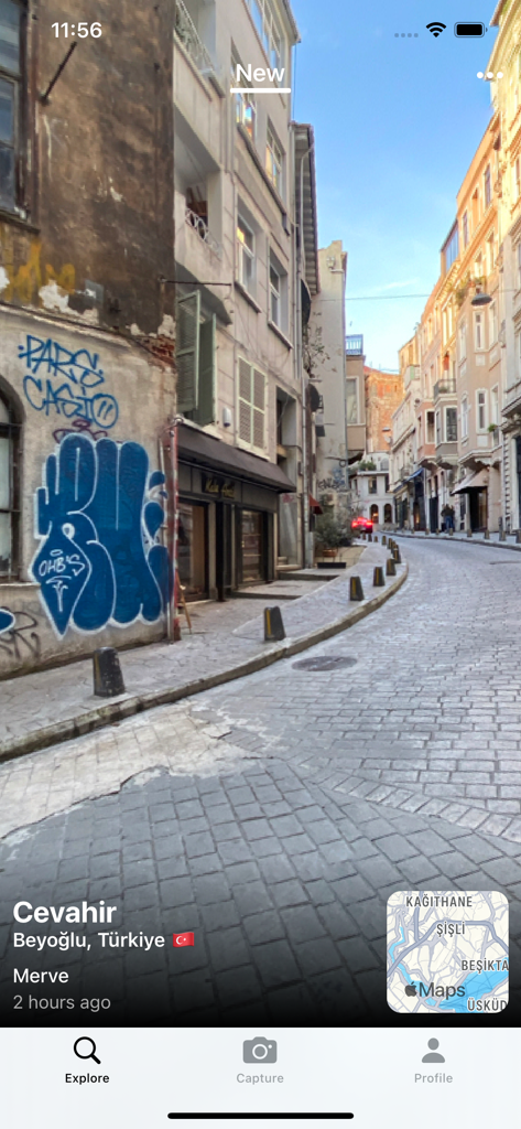 Explore screen of the Teleport app showing a panoramic street view in Beyoglu Turkey with a location map