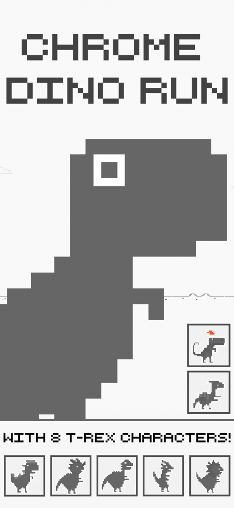 Chrome Dino Run - 様々なピクセルアートのTレックスキャラクタースキンを表示するChrome Dino Runのプロモーションバナー