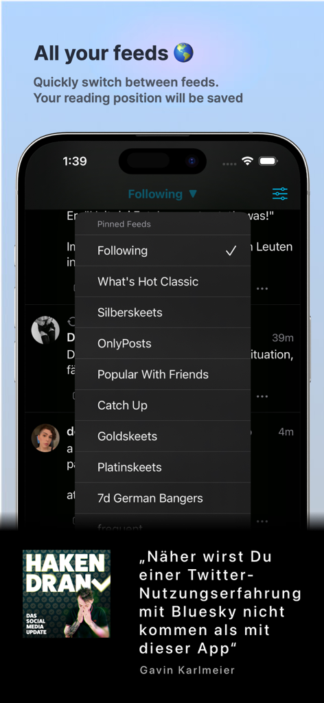 Interface of the Skeets for Bluesky app showing a menu to switch between different pinned social media feeds.
