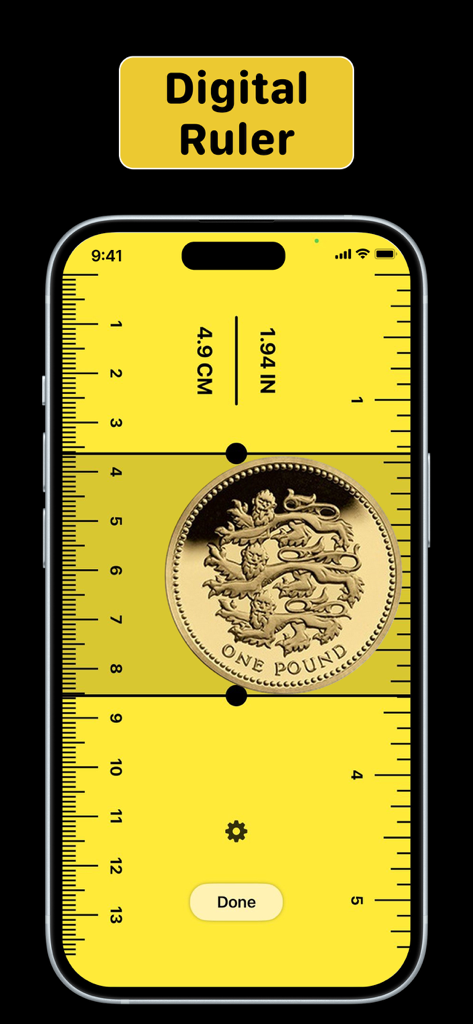 The Measure Aрр: AR Tape Ruler - iPhone screen showing a digital ruler tool measuring a coin in centimeters and inches