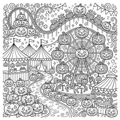 Step right up to a world of Halloween enchantment with this vibrant Jack-o'-lantern carnival coloring page. Explore a detailed scene brimming with cheerful carved pumpkins, exciting rides, and festive stalls, perfect for hours of creative fun.