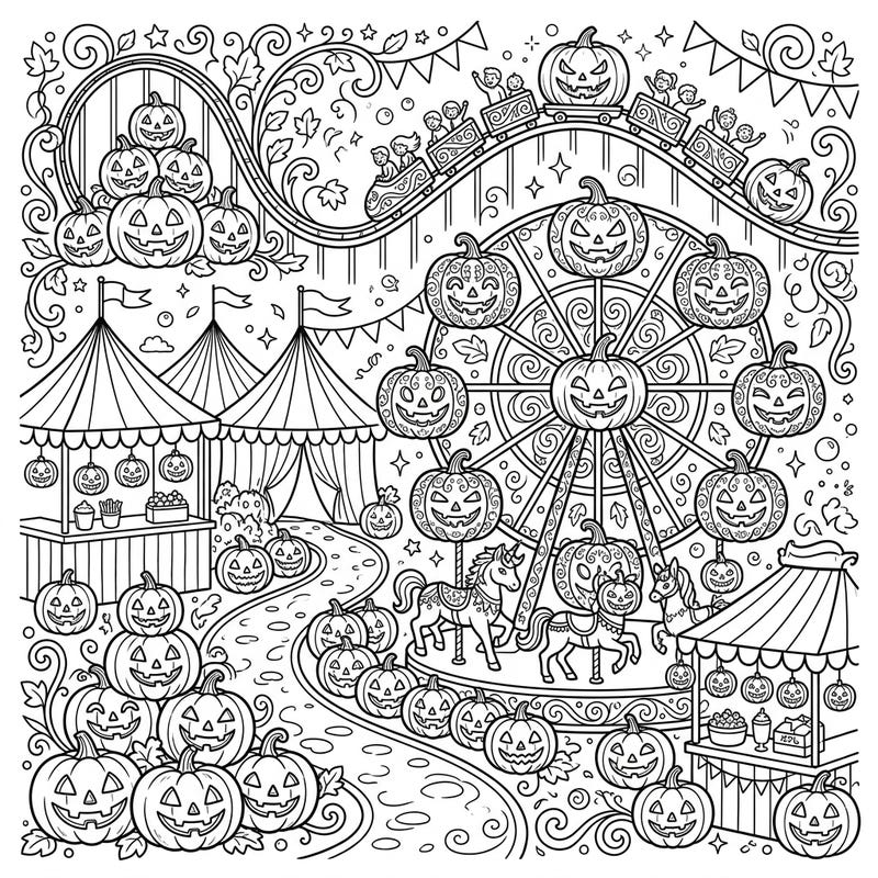 Step right up to a world of Halloween enchantment with this vibrant Jack-o'-lantern carnival coloring page. Explore a detailed scene brimming with cheerful carved pumpkins, exciting rides, and festive stalls, perfect for hours of creative fun.