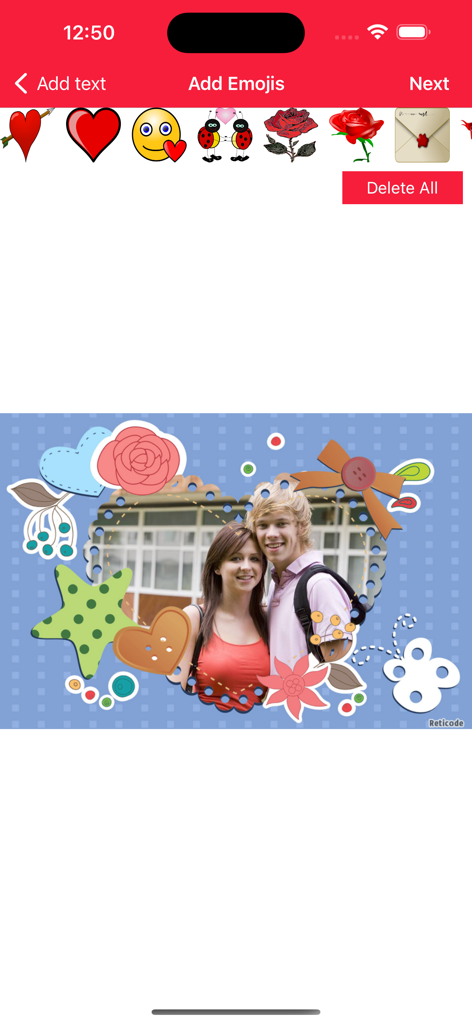 Love Photo Frames & Collage - Romantic photo editing screen with heart frame stickers and emojis for couples