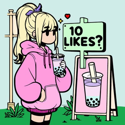 girl with oversized hoodie drinking boba and she has a high ponytail with a sign that says 10likes?