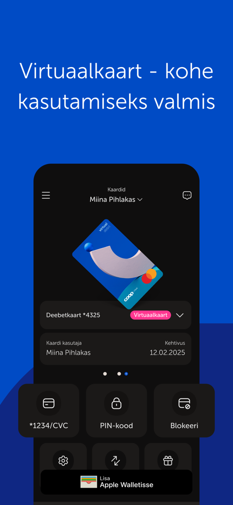Interface of Coop Pank app showing a virtual debit card with options to add to Apple Wallet.