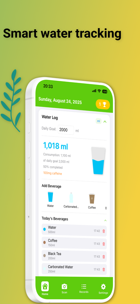 Diet Scan AI app interface showing smart water tracking with daily goal progress and beverage log