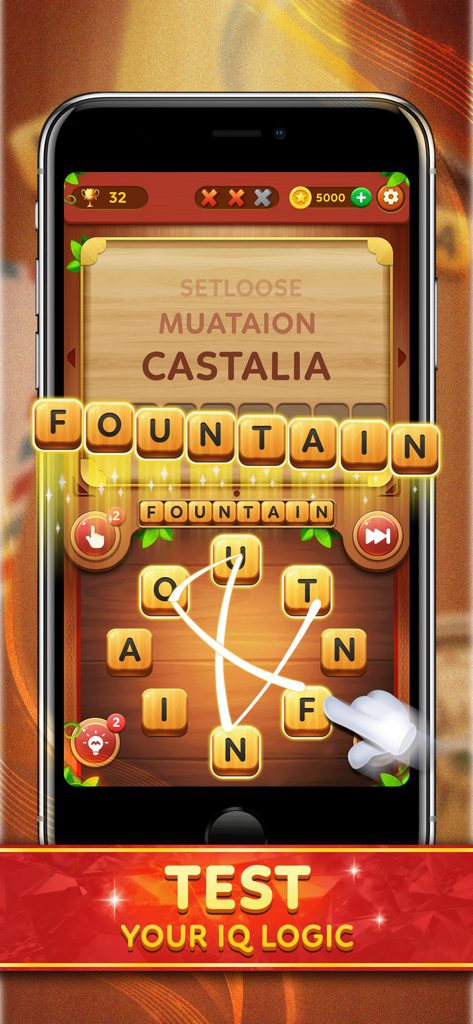 Word Hidden Games - Um smartphone mostrando a jogabilidade de Jogos de Palavras Escondidas onde um usuário desliza letras para formar a palavra FOUNTAIN.