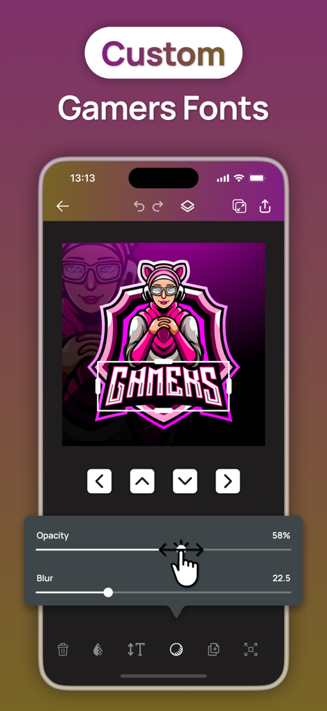 Gaming Logo Maker Esport Logo - Esport logo maker mobile interface showing custom font editing with opacity and blur controls