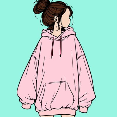 realistic girl with a oversized sweatshirt on and a bun