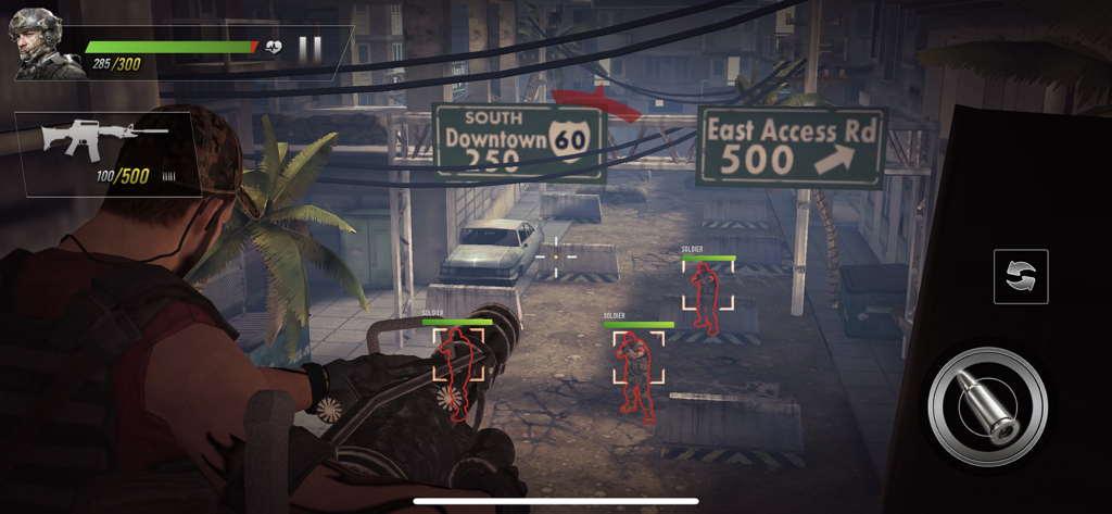 Screenshot di gameplay di Gun Zone - Giochi di Sparatutto che mostra una visuale in terza persona di combattimenti urbani contro soldati nemici.