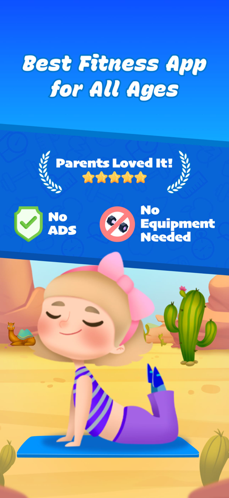 Kids Workout & Fitness - A cartoon girl doing yoga in a desert setting with text highlighting the app's features like no ads and no equipment needed