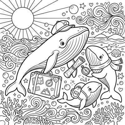 Embark on an enchanting journey with this delightful coloring page featuring a family of baleen whales enjoying their vacation. They're ready for adventure with suitcases, maps, and cheerful smiles, waiting for your creative touch.