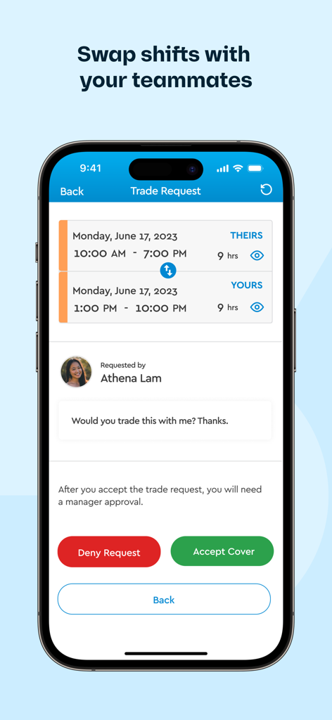 Fingercheck Mobile app interface showing a shift trade request between coworkers.