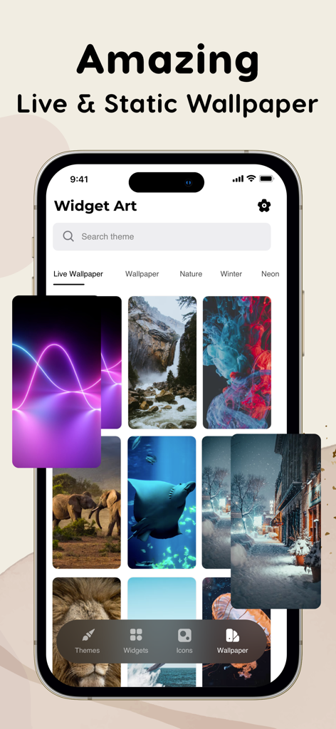 A mobile screen showing a gallery of high-quality live and static wallpapers within the Color Widgets and Themes Changer app.