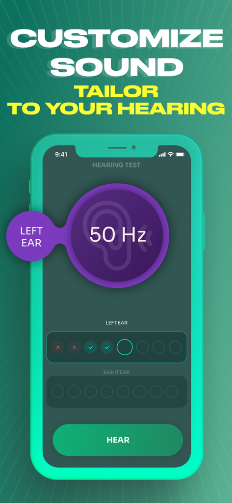 A mobile interface for a hearing test showing frequency customization for the left ear in the Sound Amplifier app.