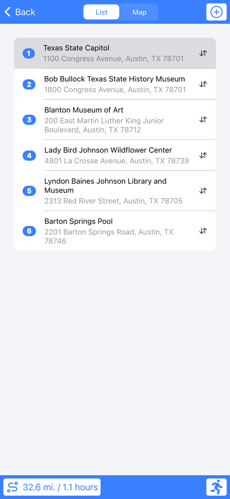 Route-Finder app screen showing a list of six planned destinations in Austin Texas including the State Capitol and museums