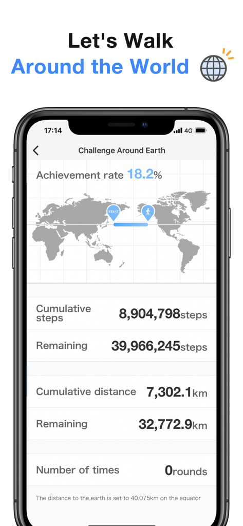Pedometer - Steps Counter app - Interfaz de la aplicación Pedometer que muestra un desafío de caminata alrededor del mundo con mapa de progreso y recuento de pasos