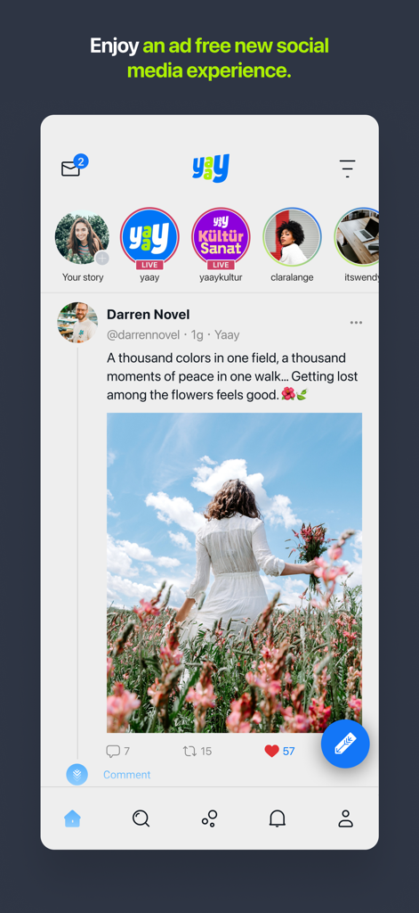 Yaay social media app interface showing an ad free user feed and stories.