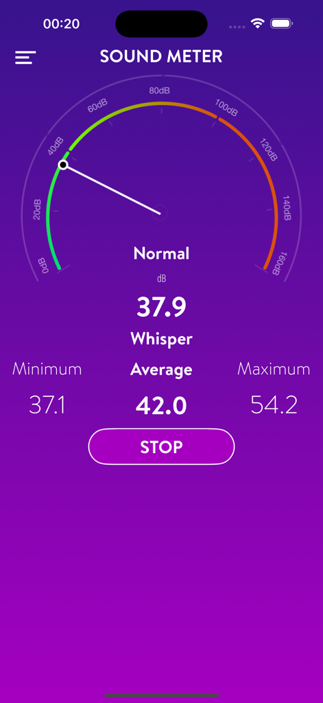 Sound Meter (Noise Detector) - Sound meter app showing a noise level of 37.9 decibels