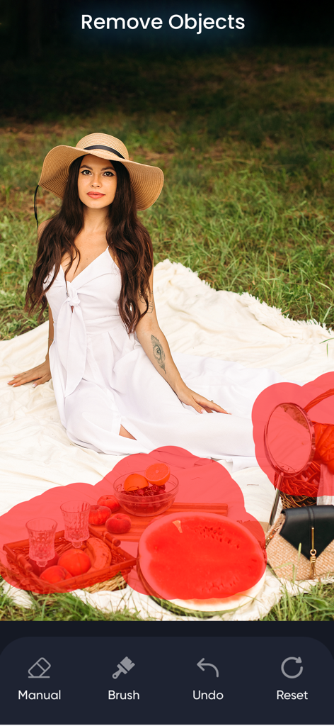 Erase Objects: Remove Object - Selecting picnic items for removal with the brush tool in the Erase Objects app.