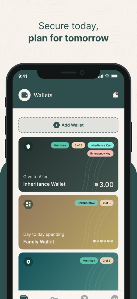 맞춤형 보안 설정이 있는 비트코인 키퍼 앱 대시보드에 상속 및 가족 다중 서명 지갑 표시