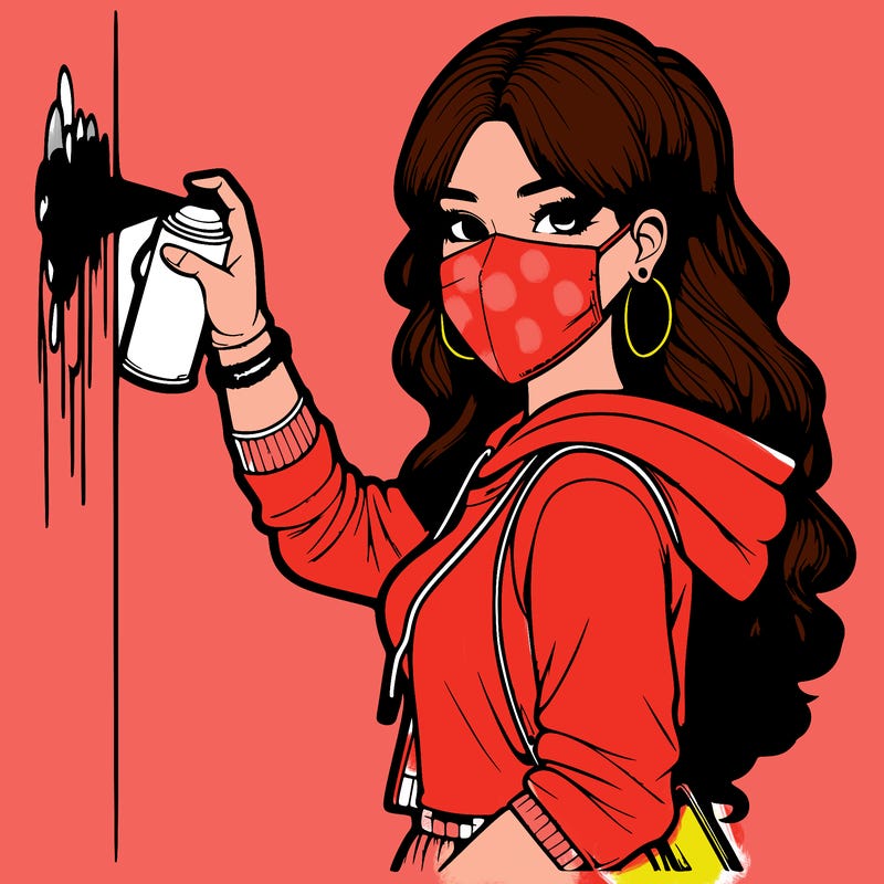 realistic girl with mask spray painting a wall