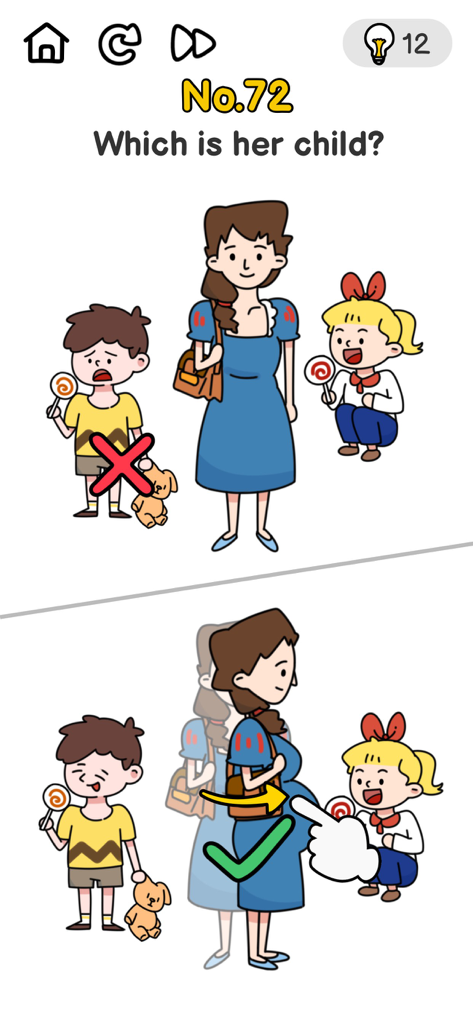 A screen from Brain Out game showing a tricky puzzle where the solution to which child is hers is a pregnant belly