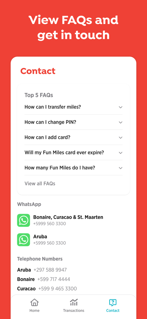 Fun Miles - Página de contacto de la aplicación Fun Miles que muestra preguntas frecuentes y números de teléfono de atención al cliente para ubicaciones del Caribe.
