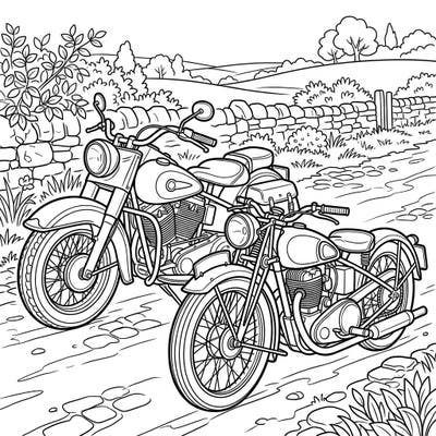 Unleash your creativity with this delightful coloring page featuring two timeless classic motorcycles set against a picturesque countryside. Designed with seniors in mind, its bold lines and engaging details provide a wonderfully relaxing and accessible artistic experience.